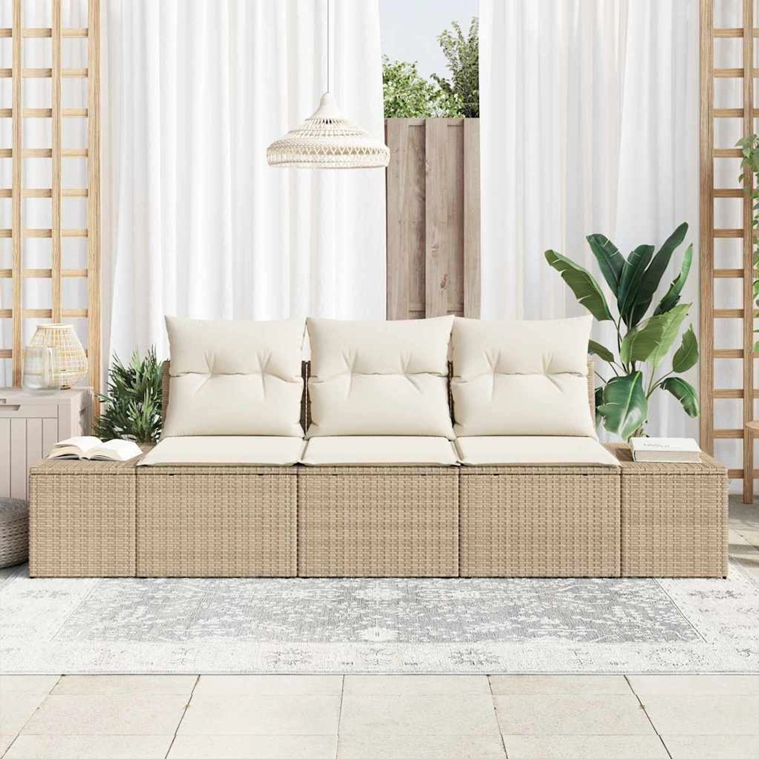 Beiges 3-teiliges Garten-Sofa-Set aus Poly Rattan von vidaXL. Modulares Lounge-Set mit Kissen für Terrasse und Garten.