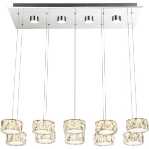 Moderne, 14-flammige LED-Pendelleuchte Amur in Chrom mit Kristall-Optik für Wohnräume.