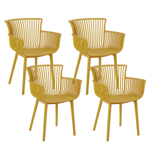 Set aus vier gelben Esszimmerstühlen aus Kunststoff für den Innen- und Außenbereich.