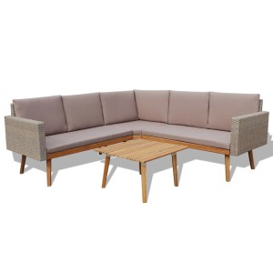 Graues vidaXL Garten Lounge Set mit Rattan-Optik, bestehend aus Ecksofa, 2 Sofas, Tisch, Auflagen und Kissen.