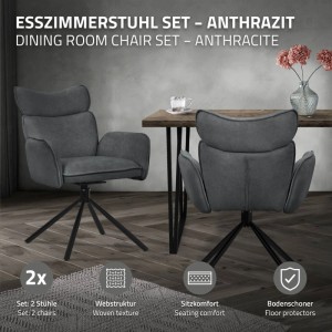 Zwei anthrazitfarbene drehbare Esszimmerstühle mit Stoffbezug und schwarzem Metallgestell im 2er Set.
