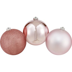 Rosa Weihnachtskugeln mit Glitzer-, Glanz- und Matt-Effekt als Baumschmuck.