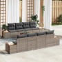 Graues 9-teiliges Garten-Sofa-Set aus Poly Rattan mit Kissen und Tisch.