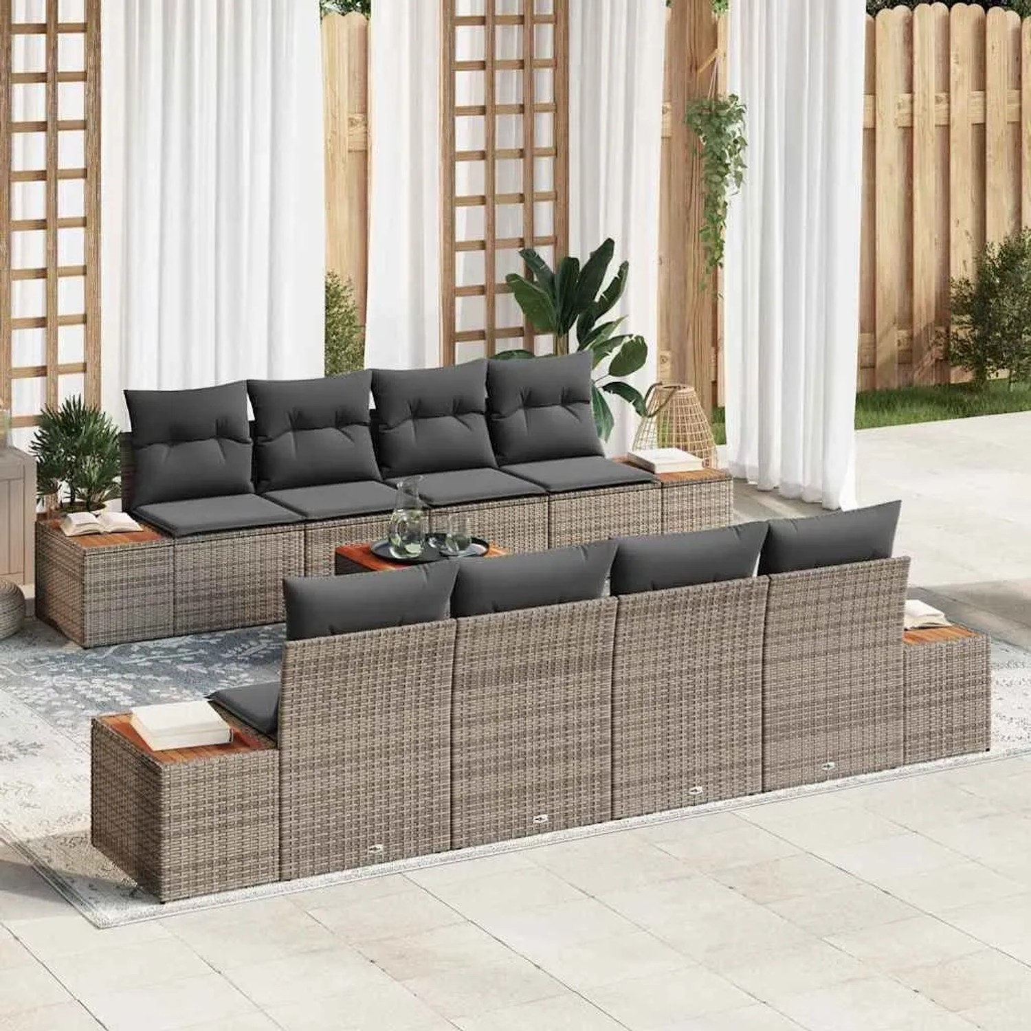 Graues 9-teiliges Garten-Sofa-Set aus Poly Rattan mit Kissen und Tisch.