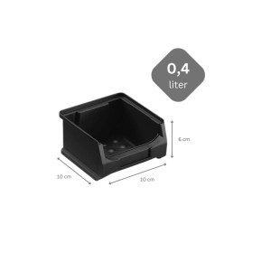 Schwarze, leitfähige PROREGAL Sichtlagerbox 1.0 (10x10x6cm, 0,4L) für Aufbewahrungssysteme.