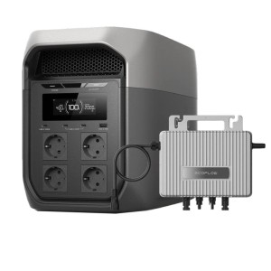 EcoFlow Powerstation Delta 3 Max Plus, dunkelgrau, mit Display, 4 Steckdosen und Solar-Zubehör.