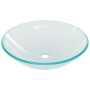 Transparentes vidaXL Waschbecken aus Glas mit Armatur und Ablaufgarnitur.