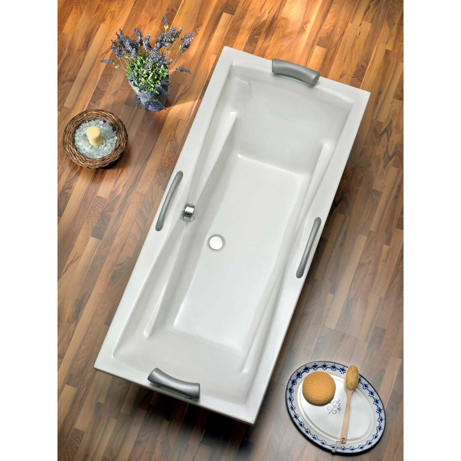 Rechteckige Badewanne Atlanta Duo, 180x80 cm, mit Griffen und symmetrischem Design.