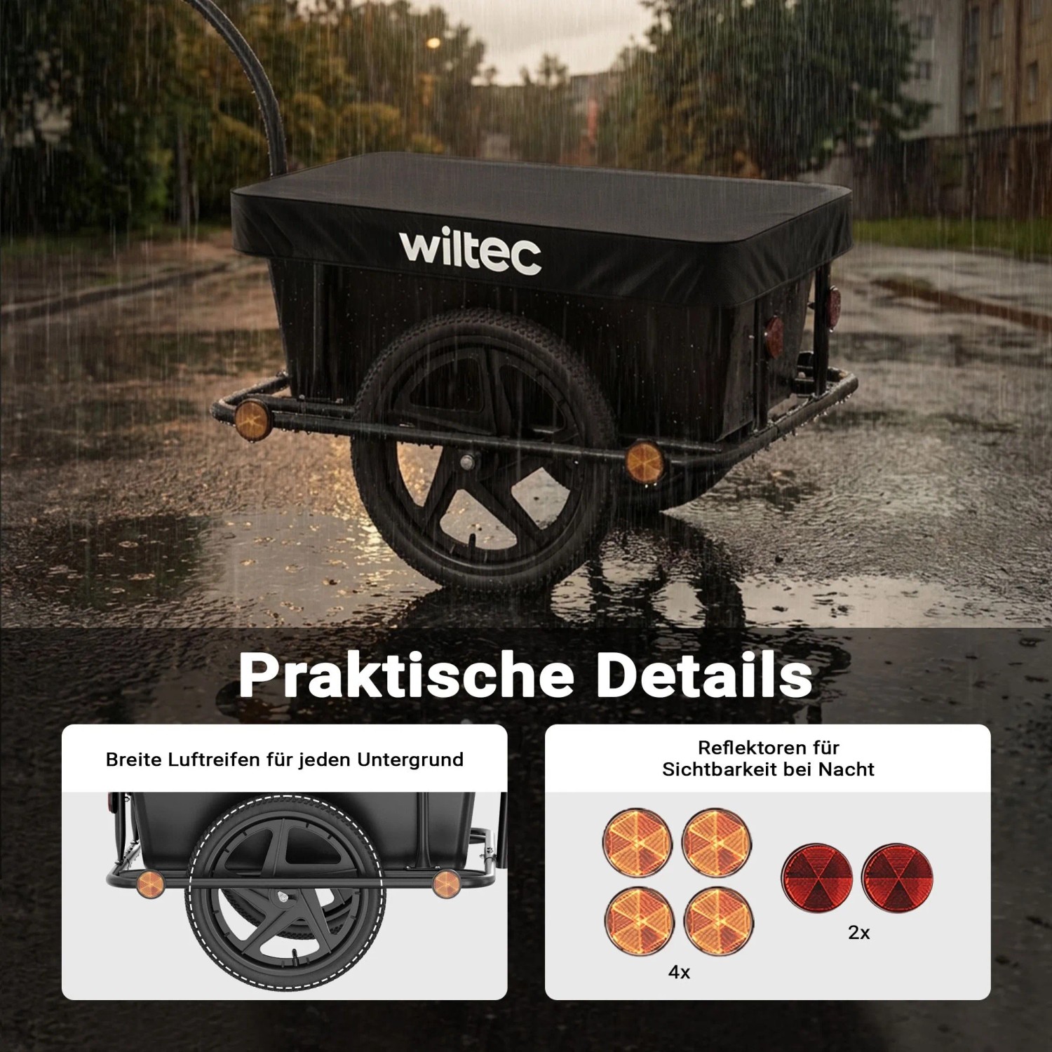 Schwarzer Wiltec Fahrrad Lastenanhänger im Regen, mit breiten Reifen und Reflektoren für sicheren Transport.