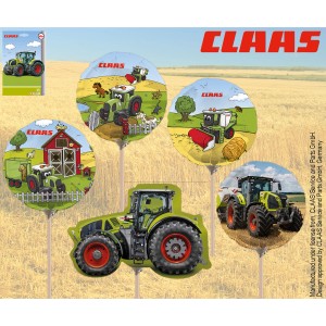 Mehrfarbige Happy People Mini Folienballons Claas, 5-fach sortiert, mit Traktor Motiven.