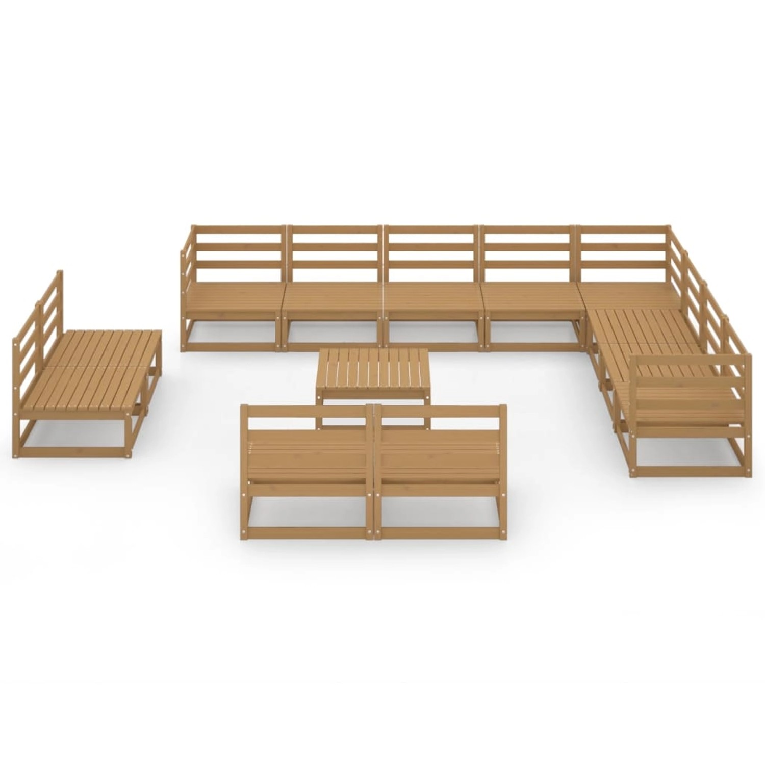 vidaXL Garten-Lounge-Set, 13-teilig, honigbraun, Kiefer Massivholz, bestehend aus Sofas, Sesseln und Tisch.