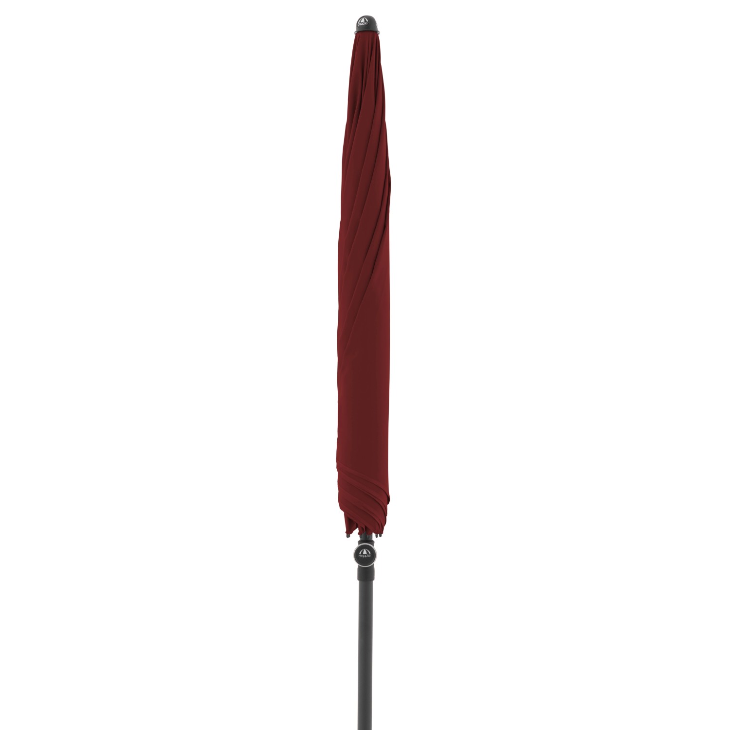 Geschlossener, bordeauxroter Doppler Marktschirm Ø 208 cm mit Handöffner.