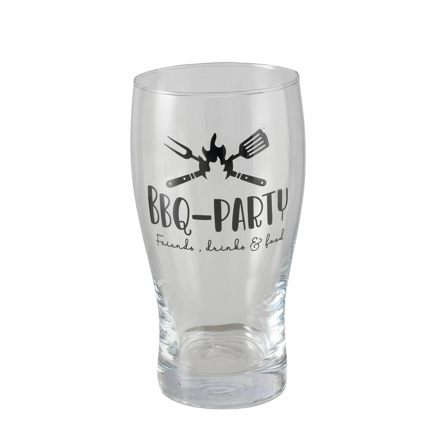 Klares Bierglas mit schwarzem BBQ-Party Druck, Geschirr für Grillabende.