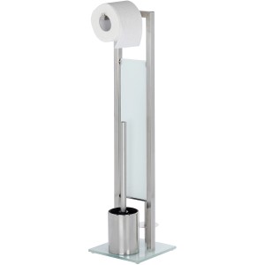 Wenko Stand WC-Garnitur Rivalta, silber matt, mit Toilettenpapier- und Bürstenhalter.