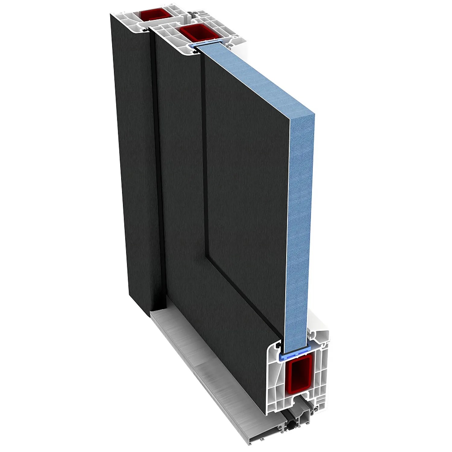 Querschnitt einer anthrazit/weißen Kunststoff-Haustür (110x210 cm) mit Mehrkammersystem und Stahlarmierung.