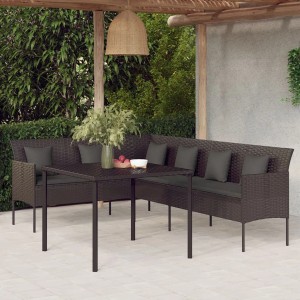 Schwarze 2-tlg. Garten Essgruppe aus Polyrattan mit Kissen, bestehend aus Sofa in L-Form und Tisch.