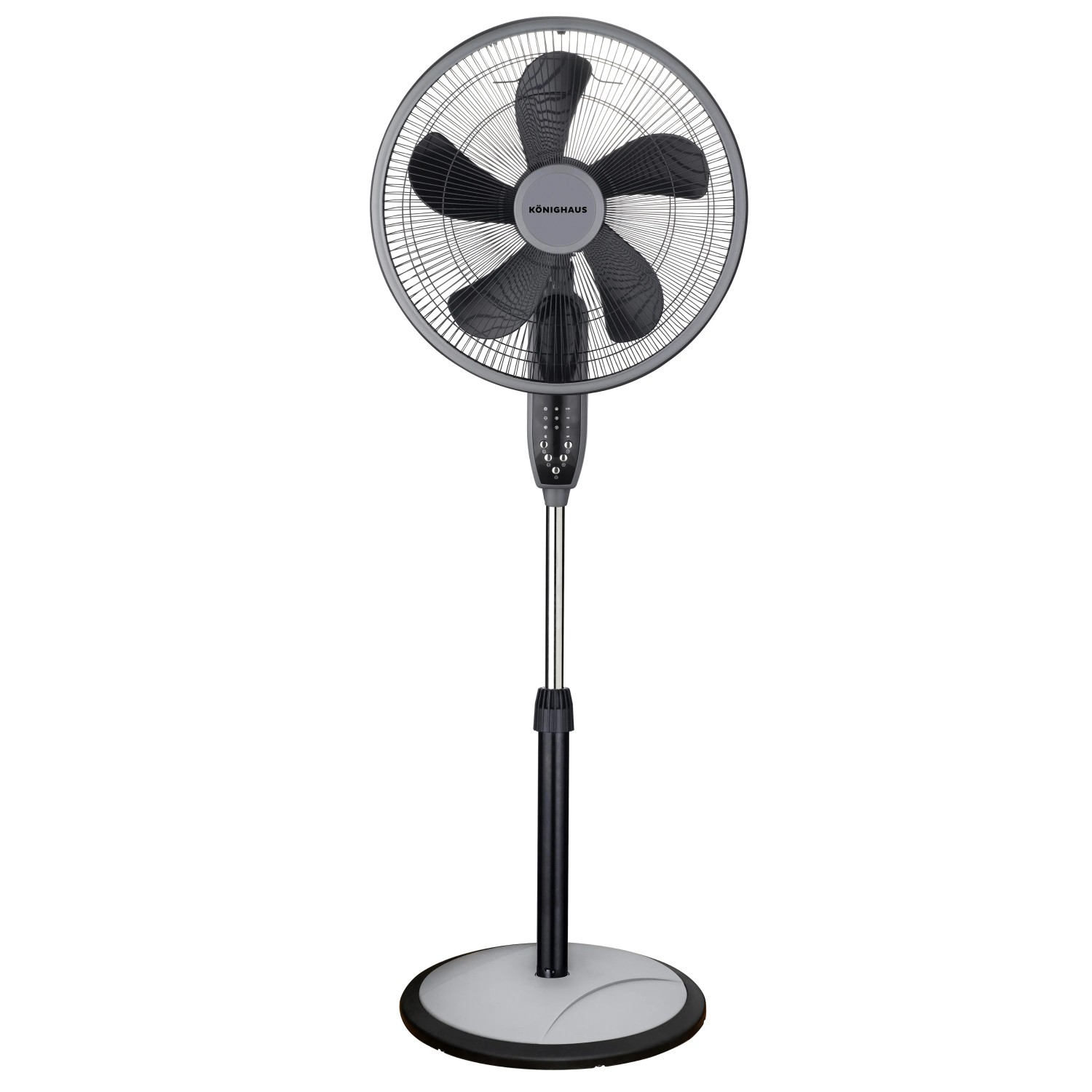Weißer Könighaus 3-in-1 Ventilator als Standgerät mit silberner Stange und rundem Fuß.