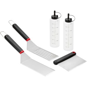 Jamestown Plancha Grill Set, 5-teilig: Grillwender, Spachtel, Ölflaschen. Edelstahl Grillutensilien für Plancha Grills.