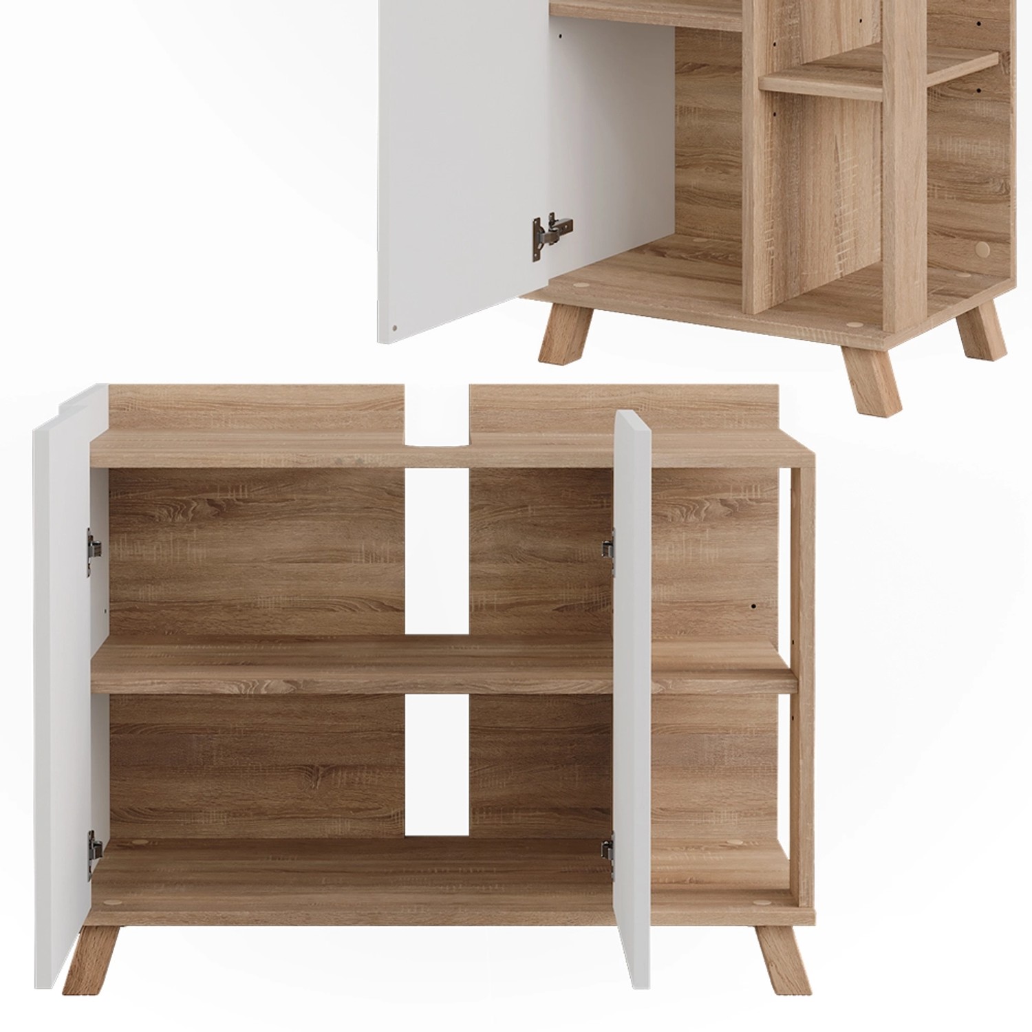 Vicco Badmöbel-Set Karen, 4-teilig, Sonoma/Weiß, mit Waschbeckenunterschrank und Spiegelschrank.