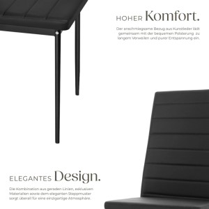 Nahaufnahme eines schwarzen, gepolsterten Esszimmerstuhls mit Kunstlederbezug und hoher Rückenlehne. Modernes, elegantes Design für hohen Komfort.