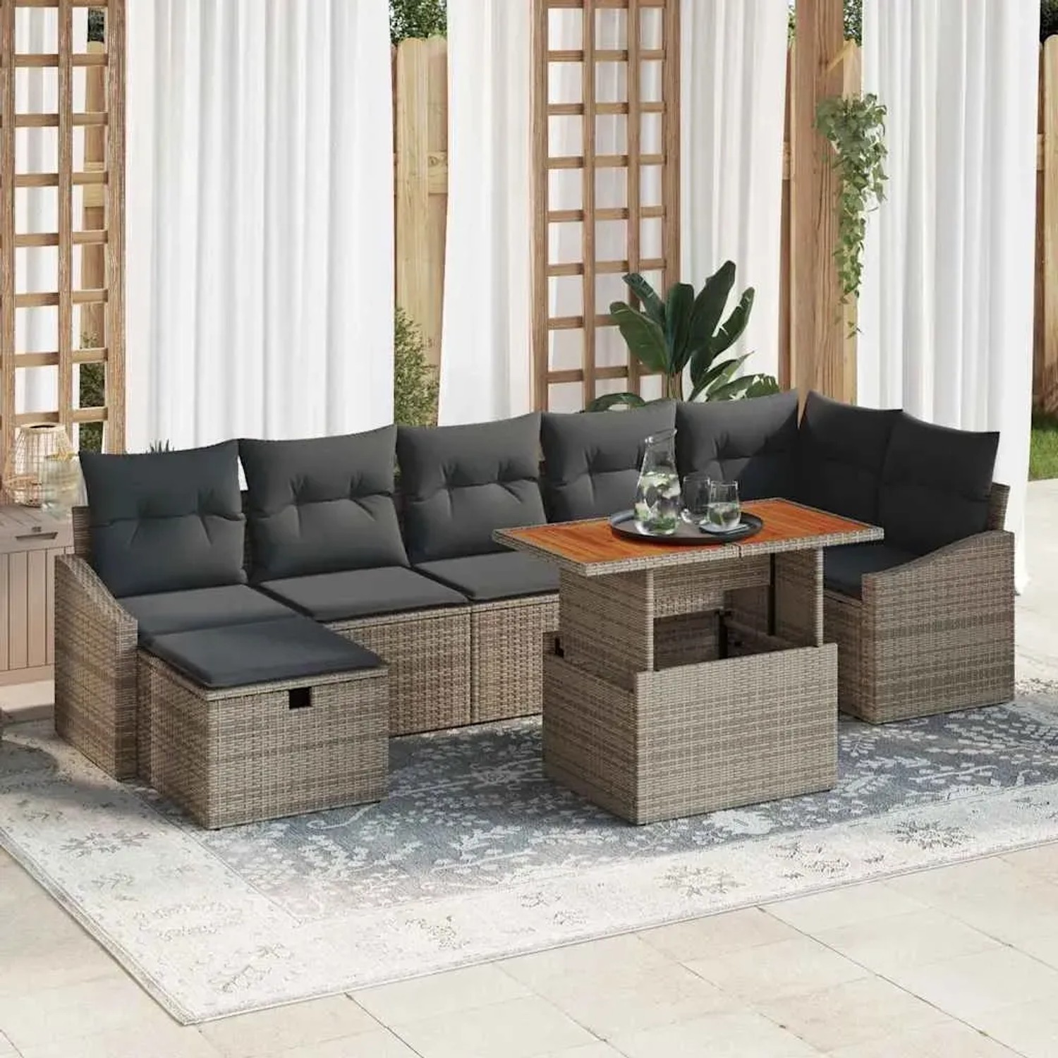 Graues 8-teiliges vidaXL Garten-Sofa-Set aus Polyrattan mit Kissen und Stauraum.