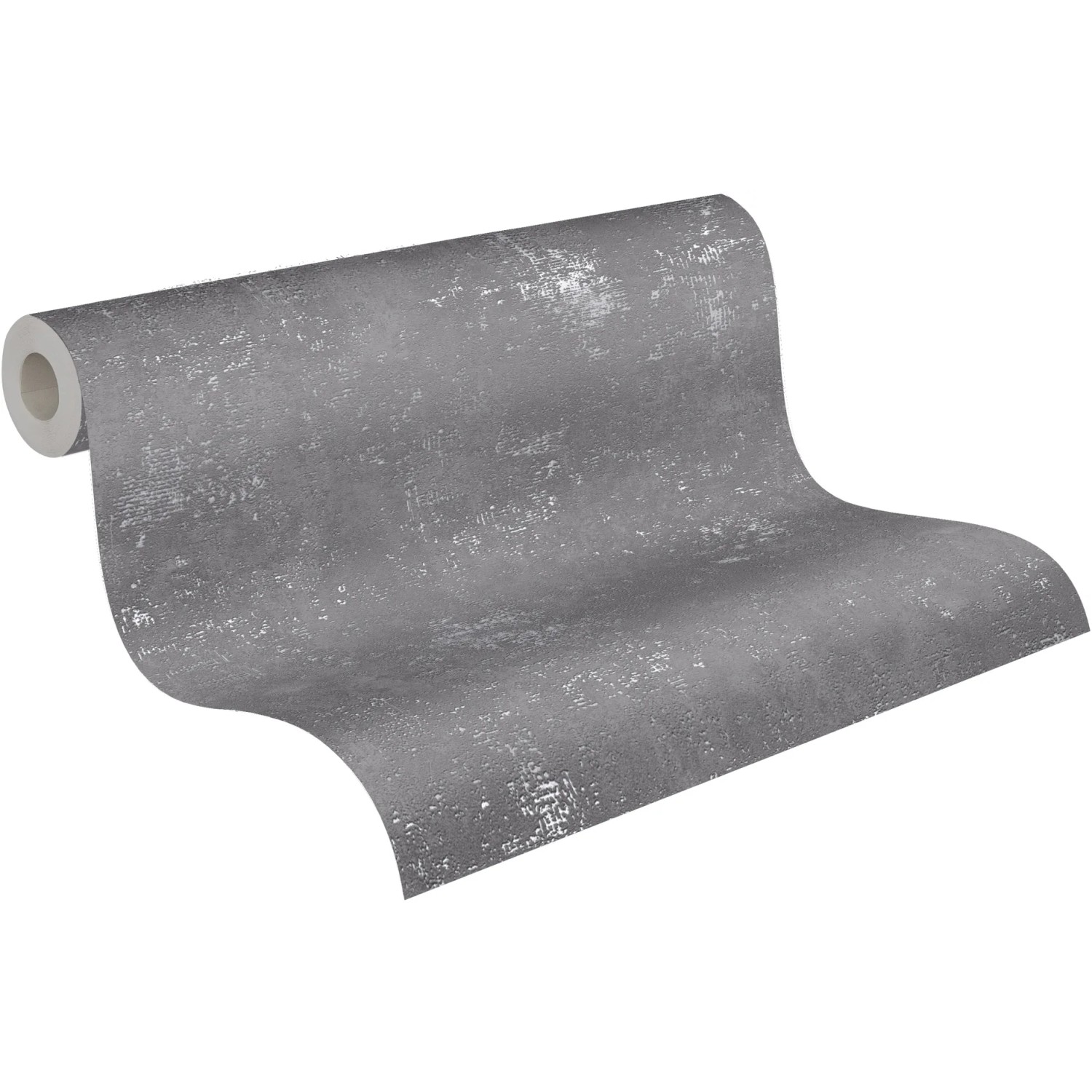 A.S. Création Vliestapete Uni Metallic Grau/Silber, Rolle mit grauer Tapete mit silbernen Akzenten.
