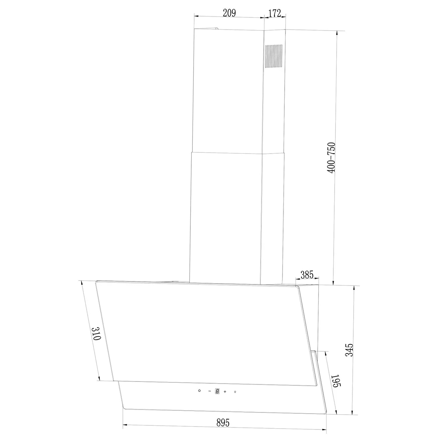 Technische Zeichnung: Respekta kopffreie Schräghaube CH-66038-90SAM, 90 cm, Schwarz, mit Maßangaben.