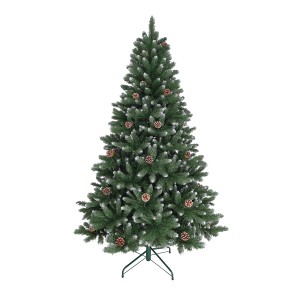 Künstlicher Tannenbaum Kiefer Blavand, 180 cm, mit Schnee und Tannenzapfen auf Metallständer.