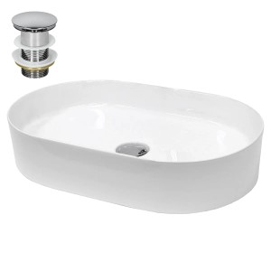 Weißes, ovales ECD Germany Handwaschbecken aus Keramik mit Ablaufgarnitur.