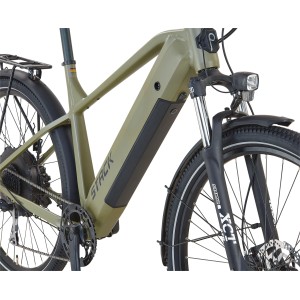 Moosgraues Prophete E-Bike SUV Stack 2.0 mit integriertem Akku und 29-Zoll-Reifen.