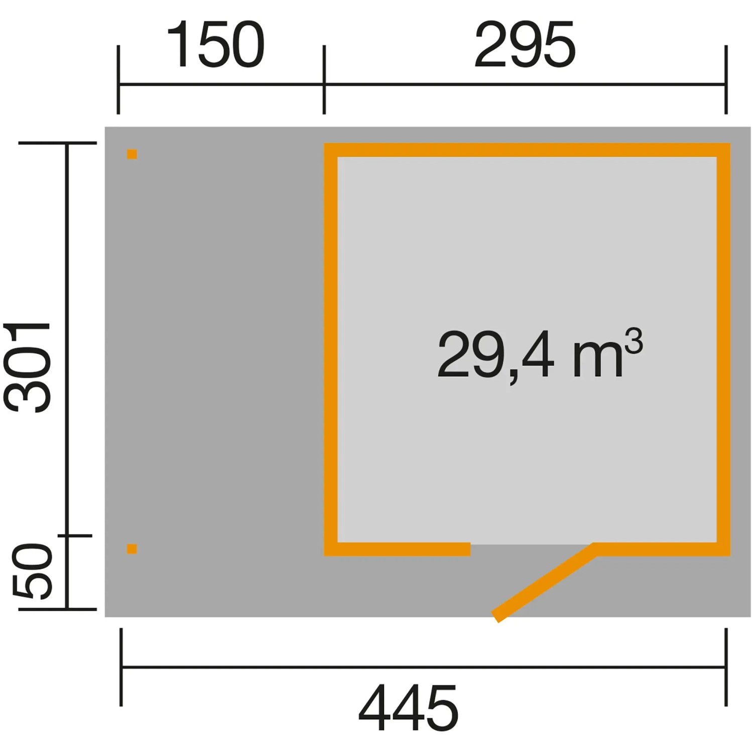 Grundriss WekaLine Gartenhaus, 445x377 cm, unbehandelt, mit Maßen und Rauminhalt.