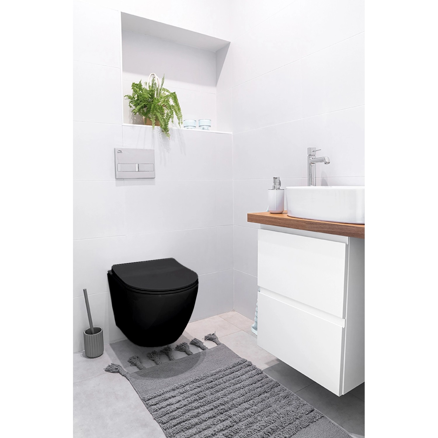 Bad Land WC SET Vorwandelement TECEbase + Toilette ROLO Schwarz + Platte Rund in Schwarz_4
