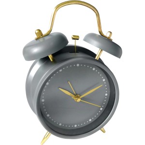 Grauer Wall-Art Tischwecker im Retro-Design, 11,7x16 cm, mit goldfarbenen Akzenten.