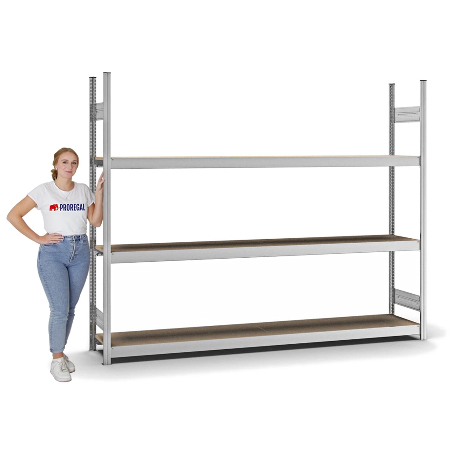 PROREGAL Weitspannregal, Grundregal mit 3 Ebenen, verzinkt, für Lager und Werkstatt.