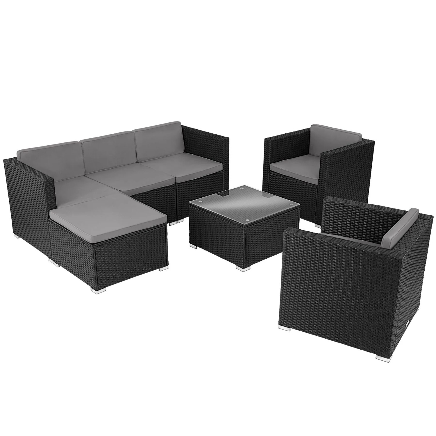Tectake Rattan Lounge Lignano Für 5 Bis 6 Personen Widerstandsfähig  179 x 150 x 65 cm Schwarz