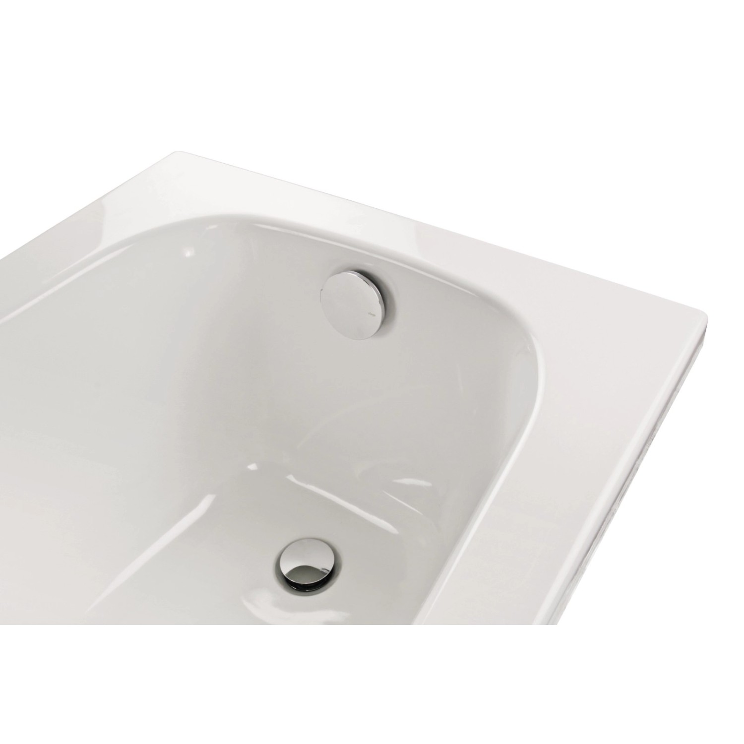 Detailaufnahme der weißen Calmwaters Badewanne 170x75 cm mit Ablaufgarnitur.