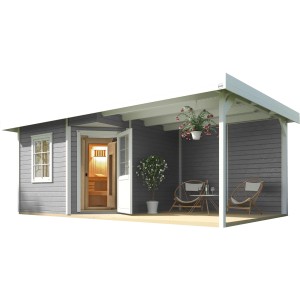 Graues Weka Saunahaus Salo Sparset mit Anbau, Sitzecke und geöffneter Saunatür.