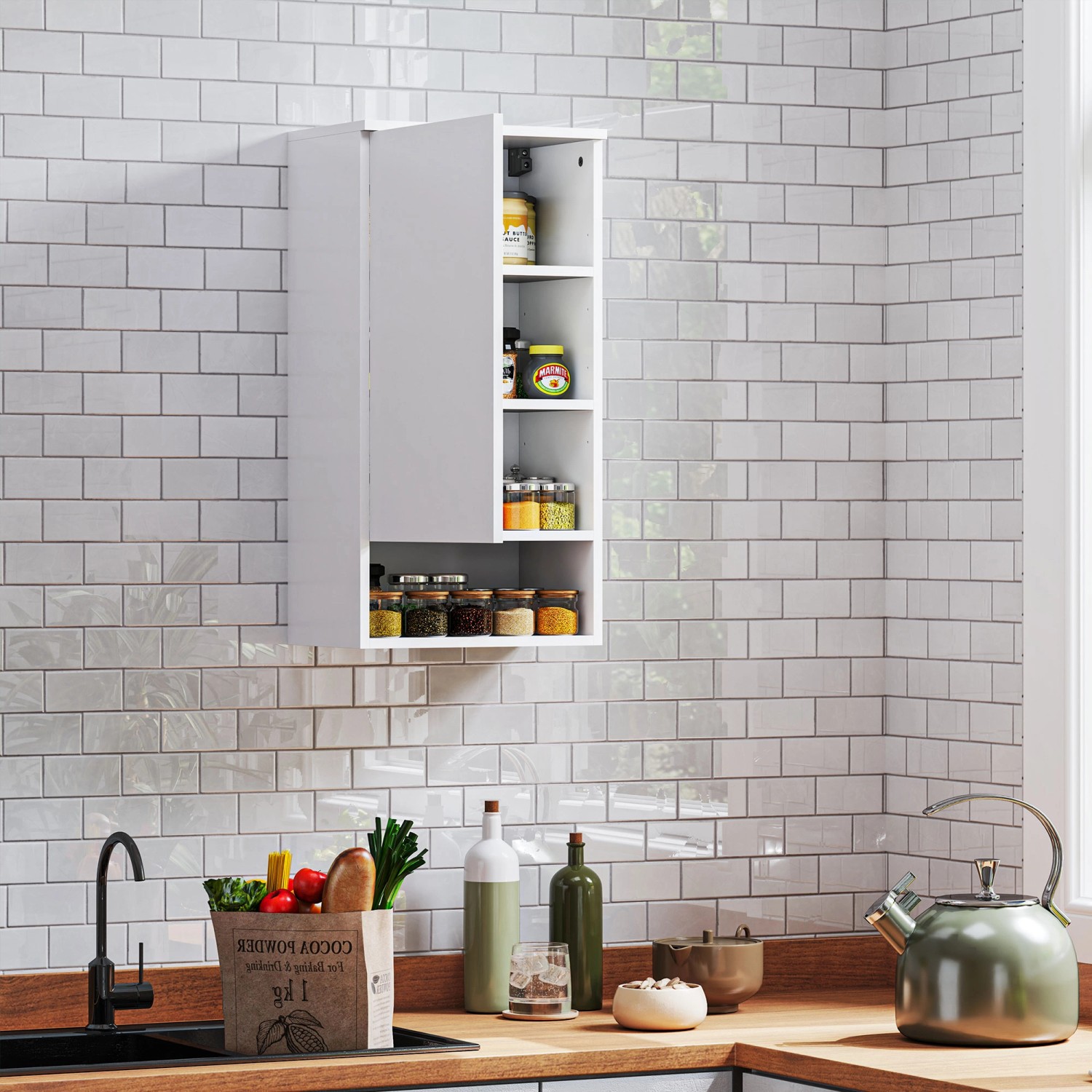 HOMCOM Wandschrank, weiß, mit offenen Fächern und Tür. Ideal als Badezimmerschrank.