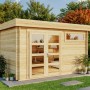 Modernes Alpholz Gartenhaus Leandro-28 aus Pinienholz mit Doppeltür und Fenster.