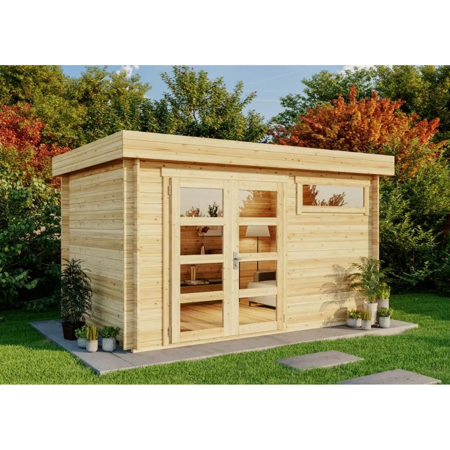 Modernes Alpholz Gartenhaus Leandro-28 aus Pinienholz mit Doppeltür und Fenster.