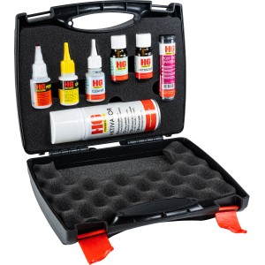HG Power Glue XXL Profi Klebstoffkoffer mit Kleber, Reiniger, Primer, Aktivator und Reparaturmasse.