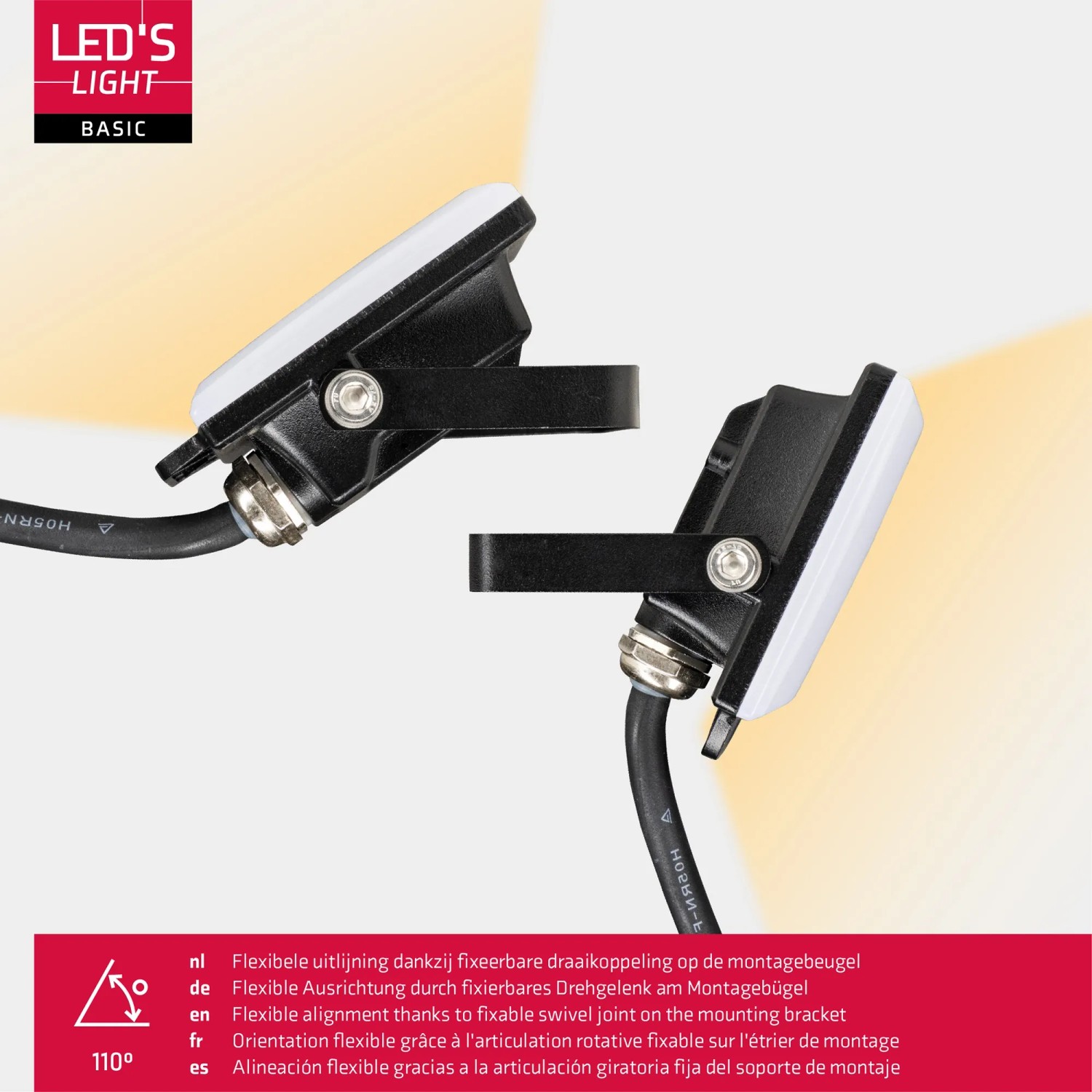 Schwarzer LED Strahler 10W für Außen, flexible Ausrichtung dank Drehgelenk am Montagebügel.