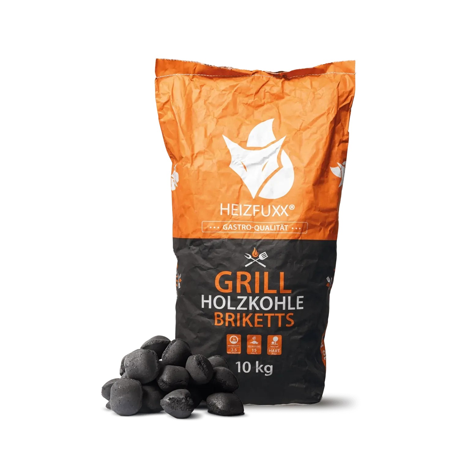 Sack Heizfuxx Grillholzkohlebriketts, 10kg, Hartholz, für lange Brenndauer & optimale Hitze beim Grillen.