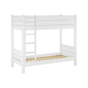 Weißes Etagenbett aus Kiefer Massivholz mit Leiter und Rollrost, teilbar in zwei Einzelbetten.