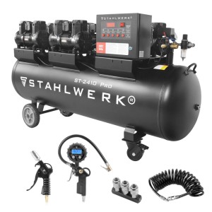 STAHLWERK Kompressor Set: 240L, 10 Bar, Reifenfüller, Schlauch, Pistole, Verteiler.
