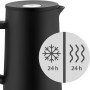 Schwarze WMF Impulse Isolierkanne 1,0l. Grafik zeigt 24h Warm- und Kalthaltung für Kaffee oder Tee.