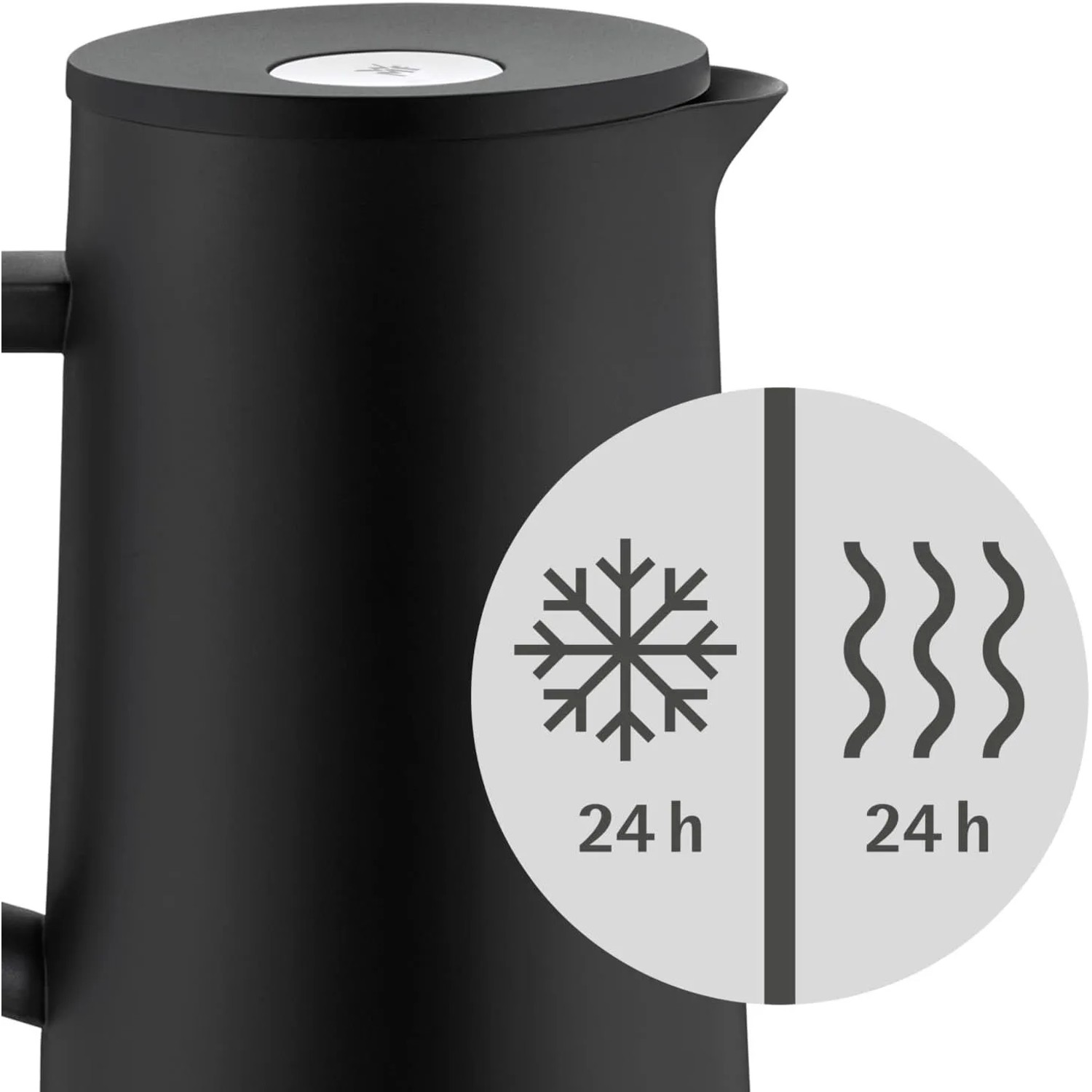 Schwarze WMF Impulse Isolierkanne 1,0l. Grafik zeigt 24h Warm- und Kalthaltung für Kaffee oder Tee.
