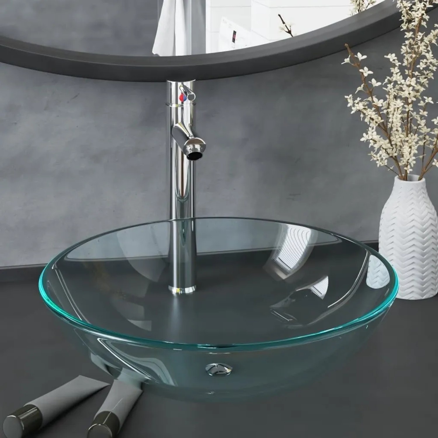 Transparentes Glas-Waschbecken mit Armatur und Ablaufgarnitur von vidaXL.