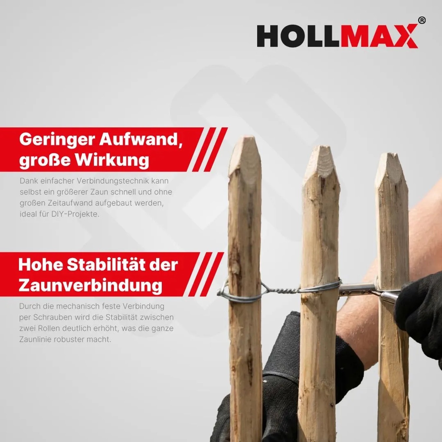 Hände montieren HOLLMAX Staketenzaun Rollenverbinder aus Edelstahl an Holzpfosten. Drahtseilverbinder für Seile & Drähte.