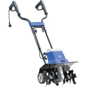 LUX Elektro-Bodenhacke E-BH 1400-43, blaue Gartenfräse mit Rädern und Hackmessern.